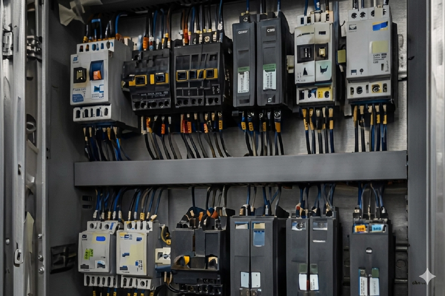 Electrical circuit breakers and switches mounted on a panel.
